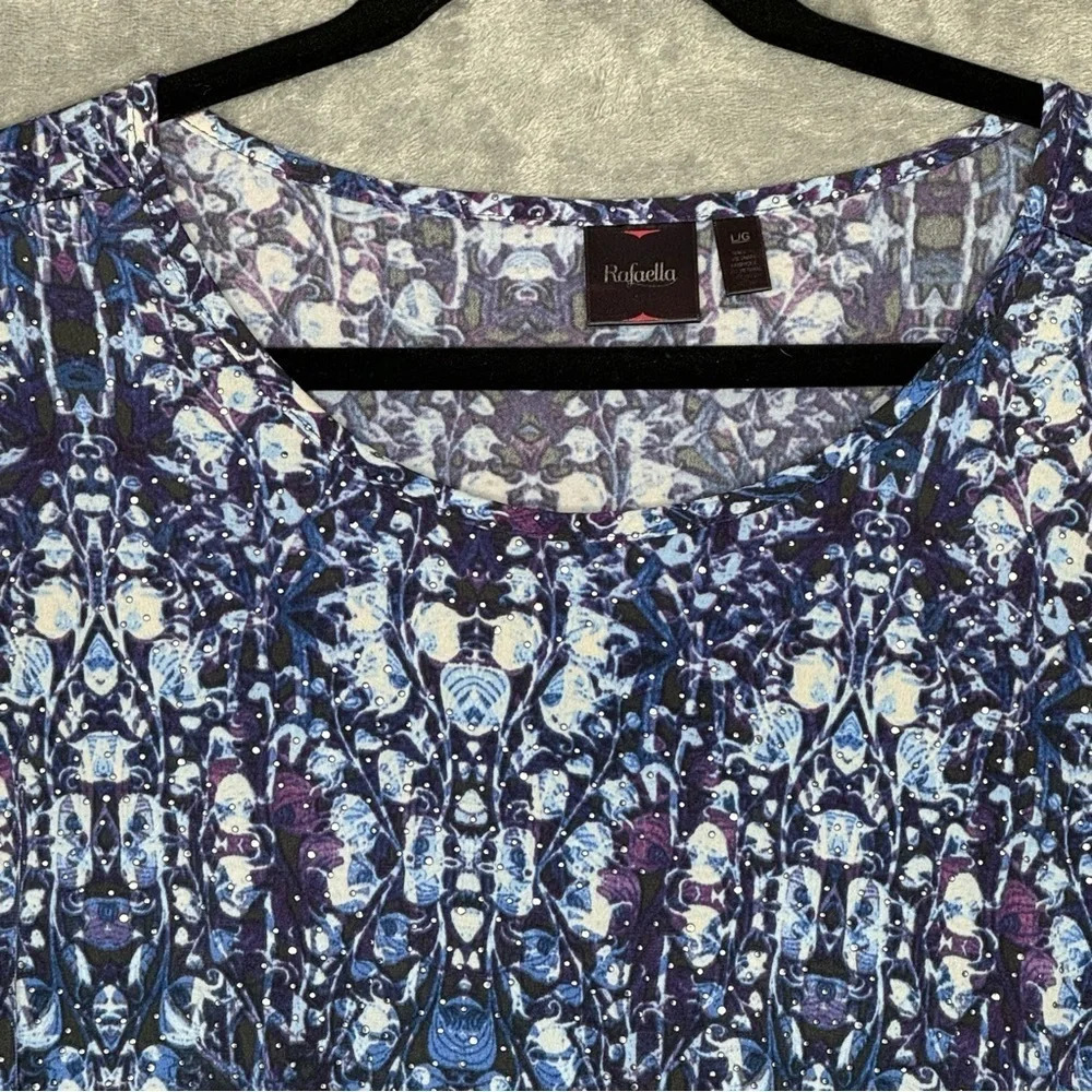 Rafaella L Large Shirt Top Blue Geometric 3/4 Sleeve Scoop Neck Asymmetrical Hem - Picture 3 of 6